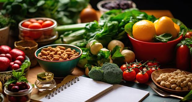 healthy foods on table with note book of nutrition information